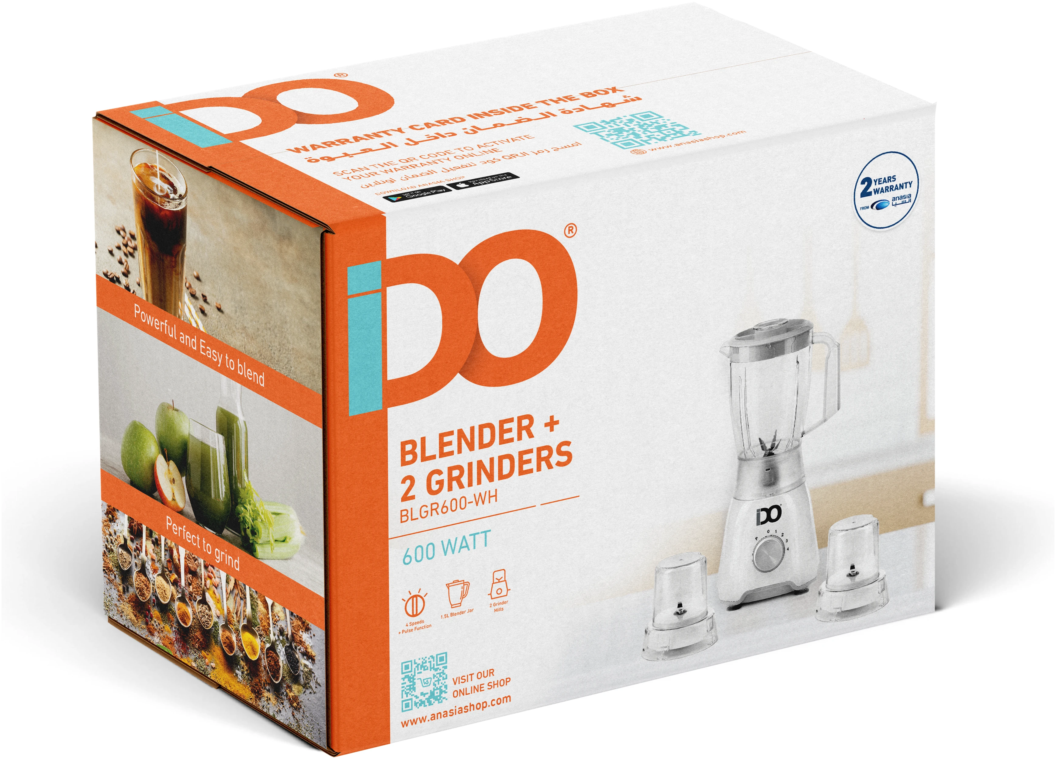 أي دو  خلاط + 2 مطحنة 600 واط مع وظيفة النبض، أبيض - BLGR600-WH أي دو  خلاط + 2 مطحنة 600 واط مع وظيفة النبض، أبيض - BLGR600-WH